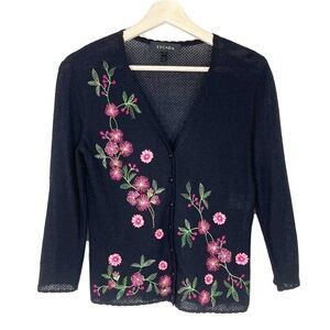 Escada Floral Embroidered Knit Cardigan Sweater Scallop Black Sz 34